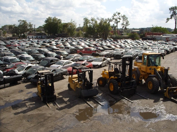 Aerial view of a large auto salvage yard.