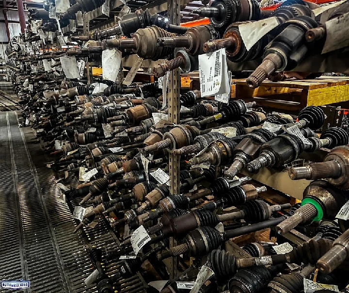 Auto parts displayed in an organized warehouse.