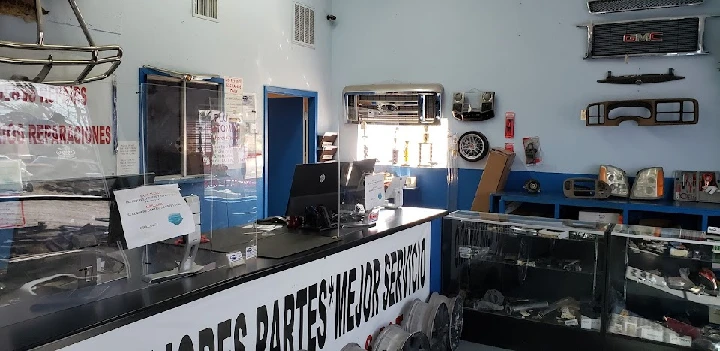 Automotive parts shop interior with displays.