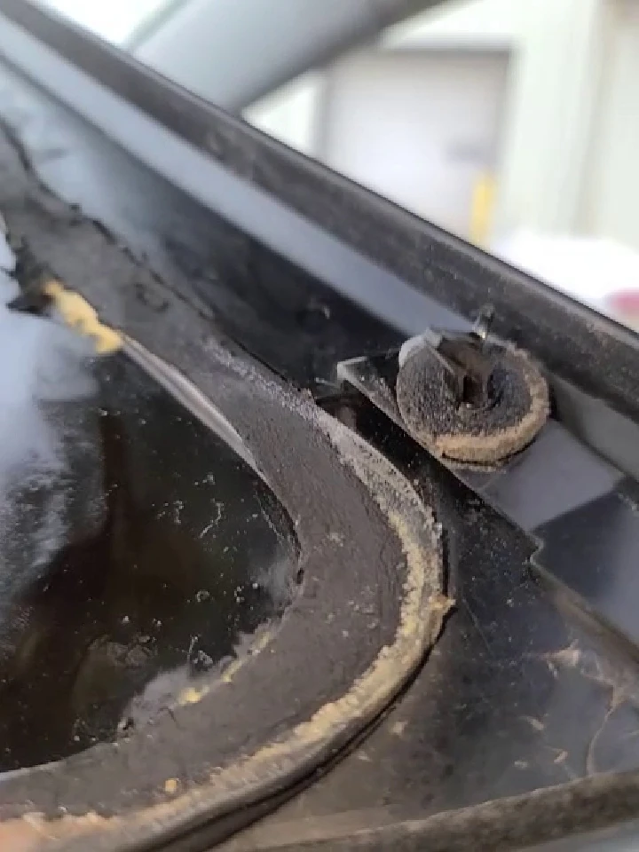 Close-up of a worn rubber gasket on vehicle part.