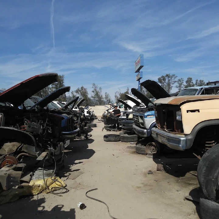 Junkyard scene with cars and open hoods.