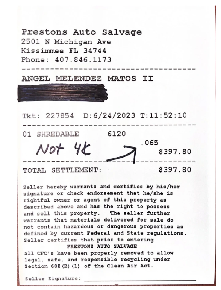 Receipt from Preston's Auto Salvage for auto parts.