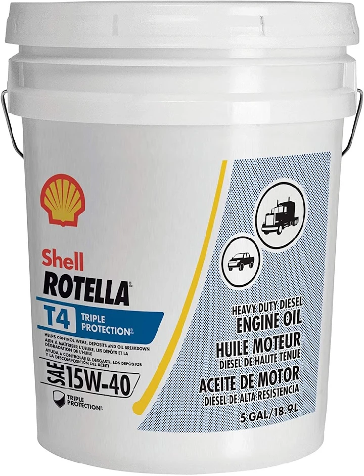 Shell Rotella T4 engine oil bucket, 5 gallons.