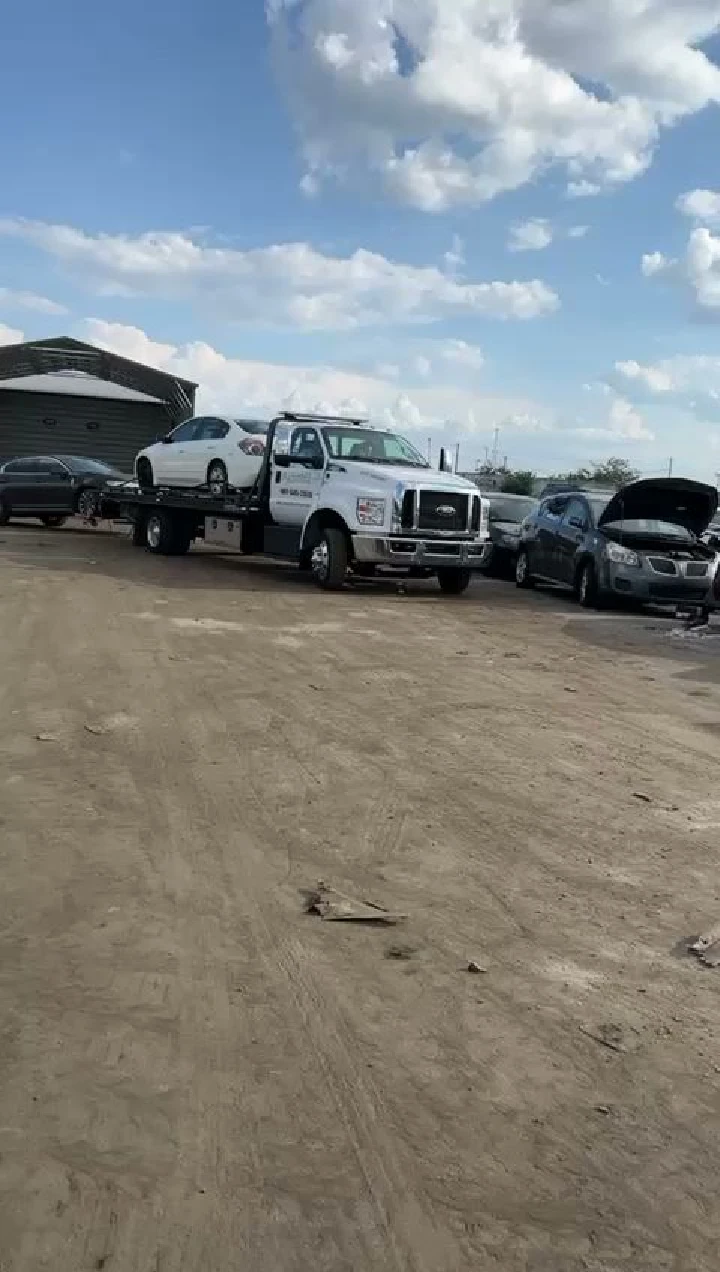 Tow truck with junk cars on a dirt lot.