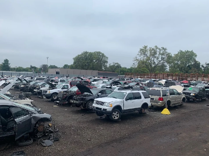 A vast auto junkyard with many salvaged vehicles.