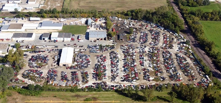 Aerial view of an auto recycling yard.