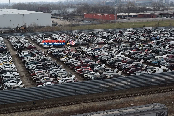 Aerial view of a car salvage yard.