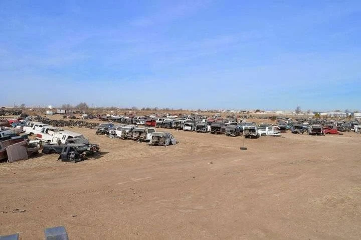 Auto salvage yard filled with old vehicles.