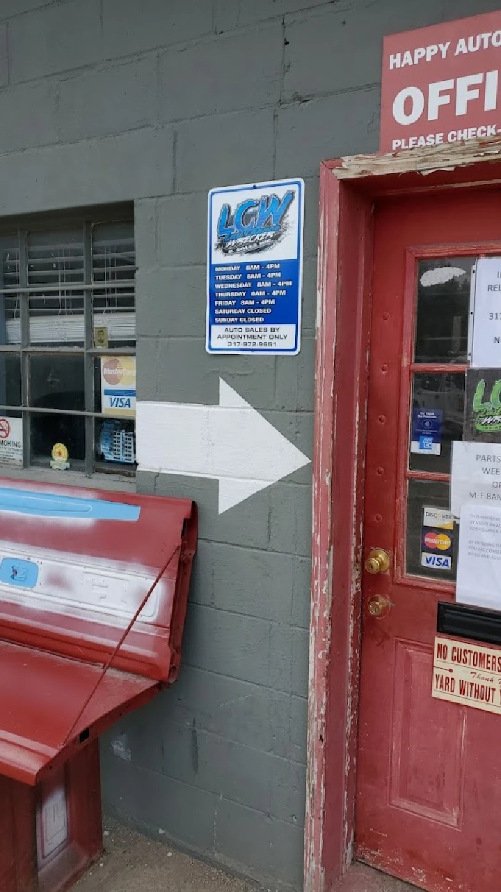 Entrance to Happy Auto Parts, office info display.