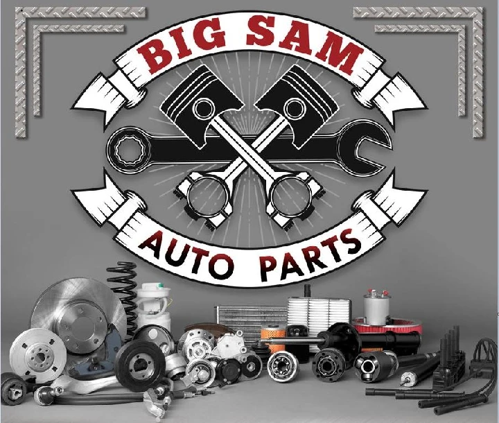 Logo of Big Sam Auto Parts with various car parts.