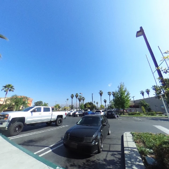 Parking lot with cars and palm trees under blue sky.