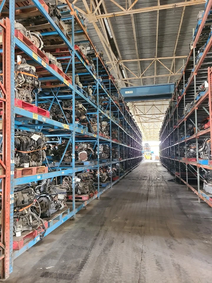 Rows of auto engines in a recycling facility.