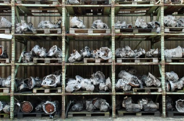 Shelves of used auto parts at Davison Auto Parts.