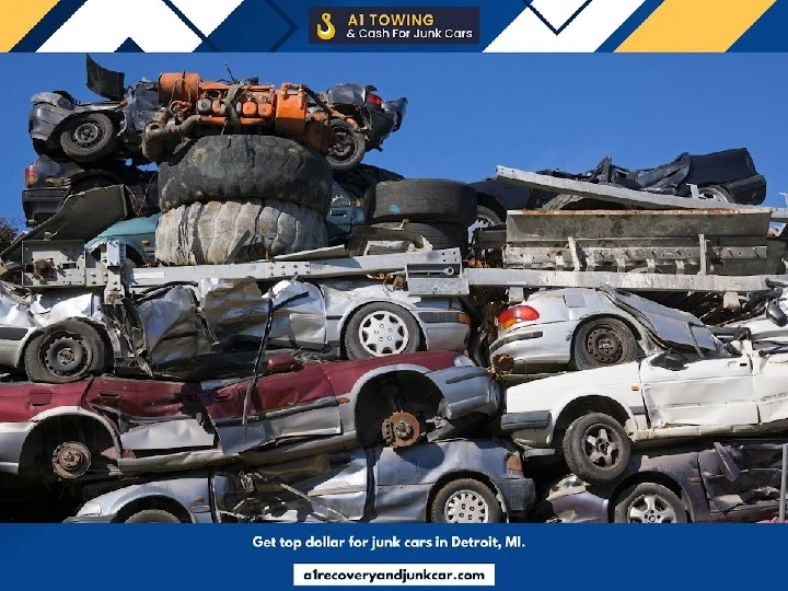 Stack of crushed cars at a junkyard in Detroit.