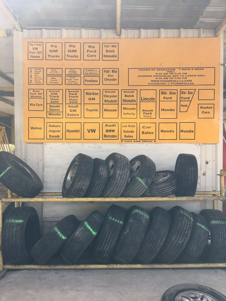 Tires displayed with car type chart at Pick-N-Pull.