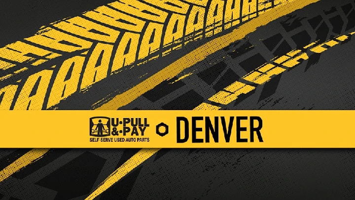 U-Pull-&-Pay Denver logo with tire tracks background.