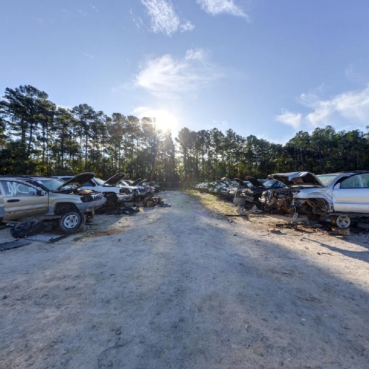 Abandoned cars in a junkyard under a bright sky.