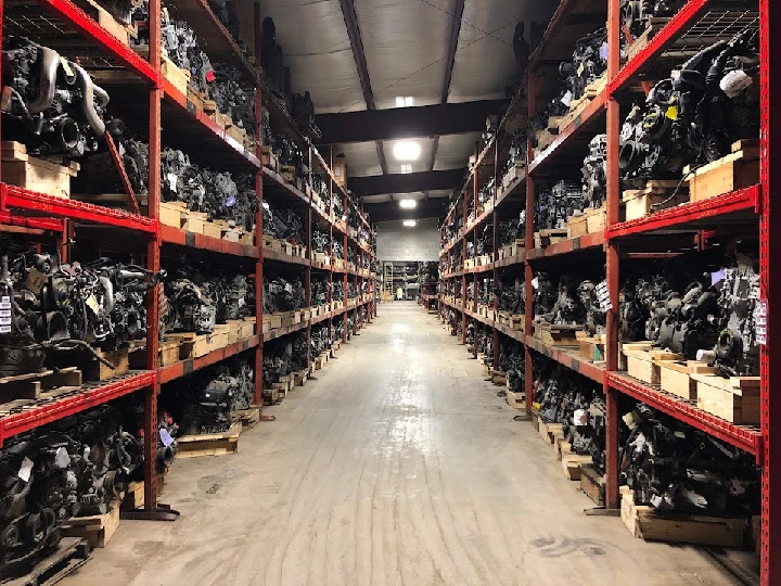 Aisle of auto parts in a warehouse.