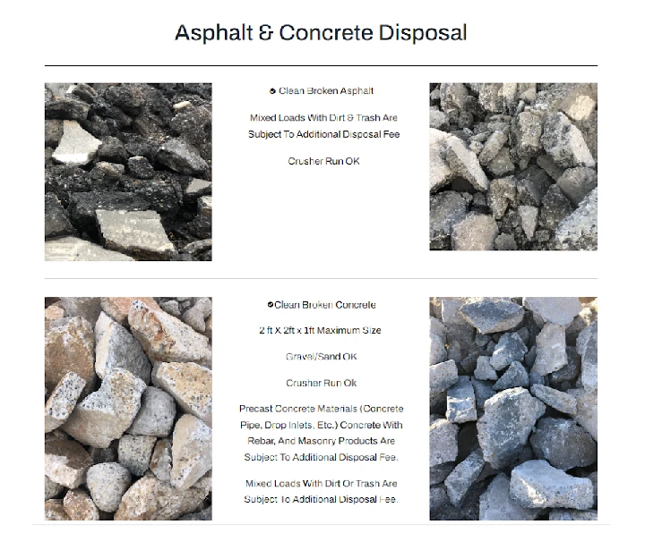 Asphalt and concrete disposal guidelines and images.