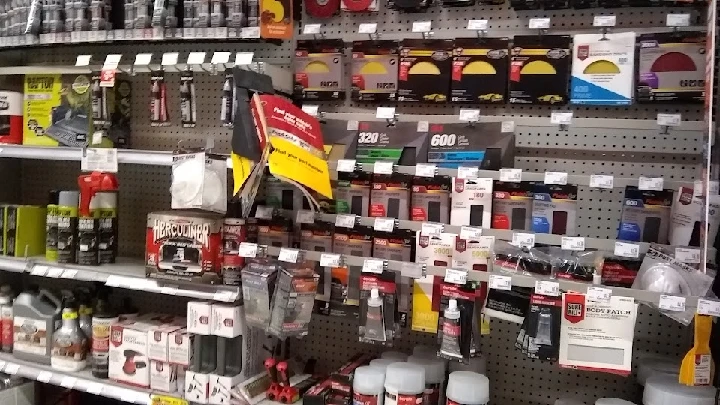 Auto parts and accessories displayed on shelves.