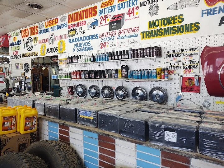 Auto parts and batteries displayed at local shop.