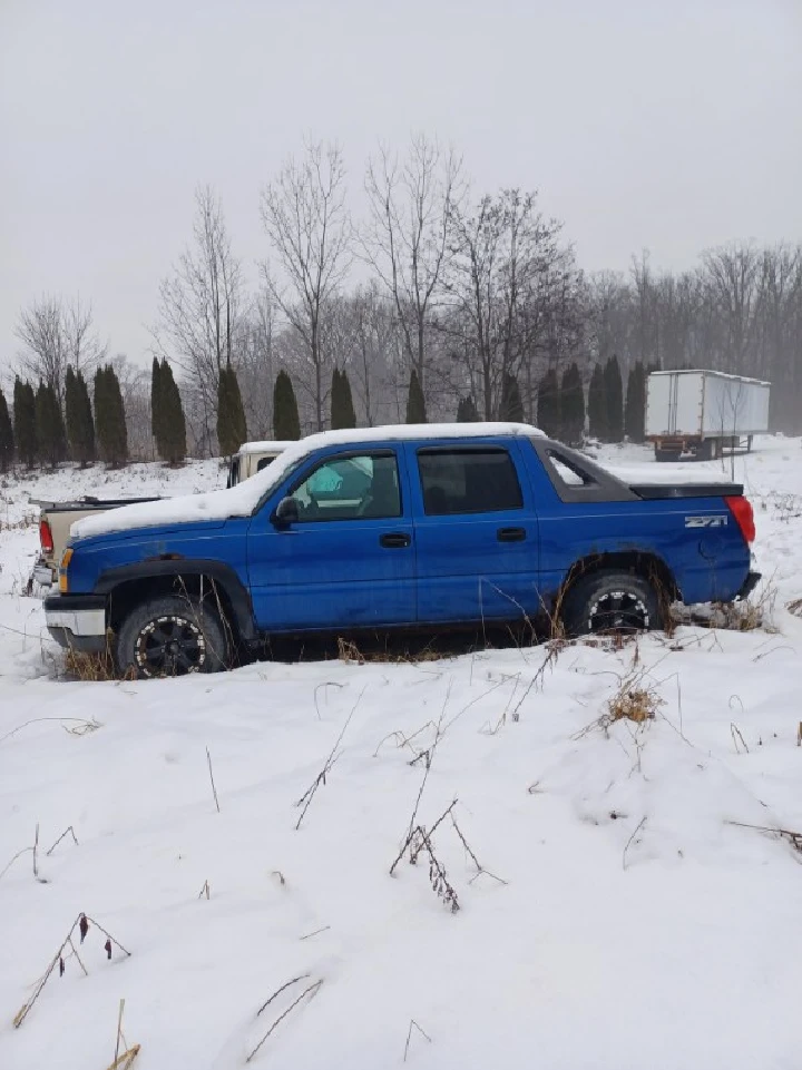 Blue truck in snowy field, abandoned.