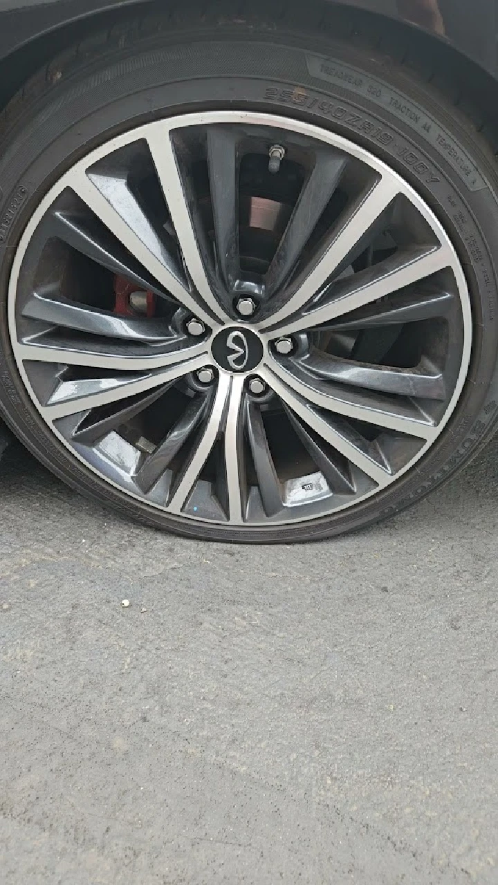 Close-up of a stylish alloy wheel and tire.