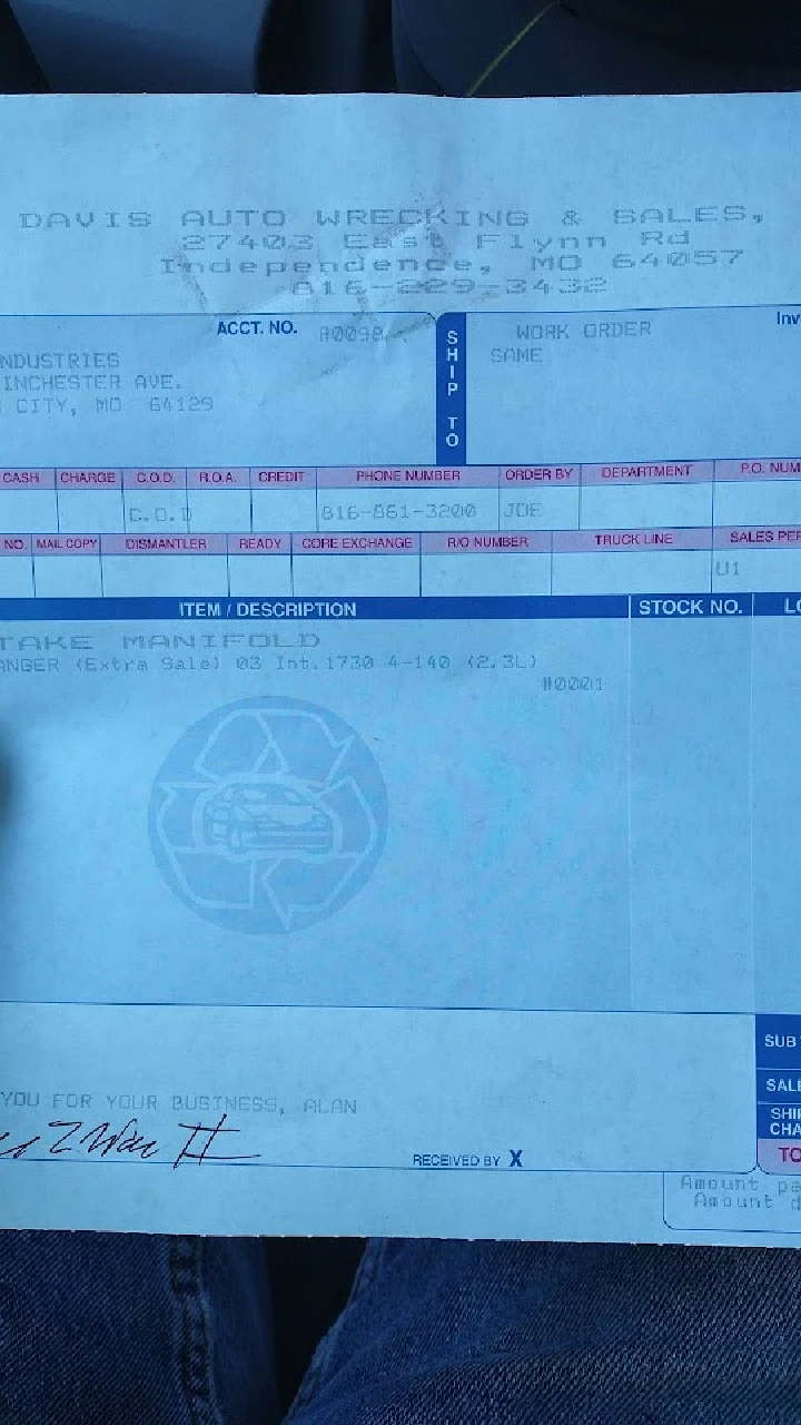 Invoice from Davis Auto Wrecking and Sales.