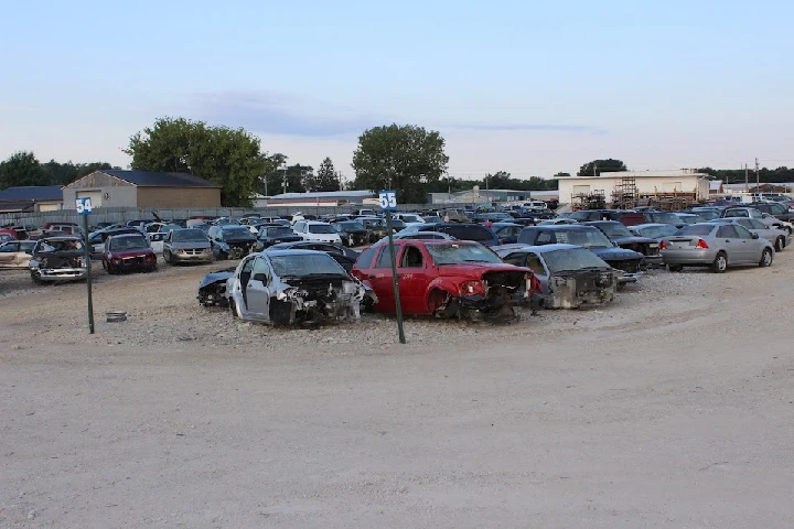 Salvage yard with various abandoned vehicles.