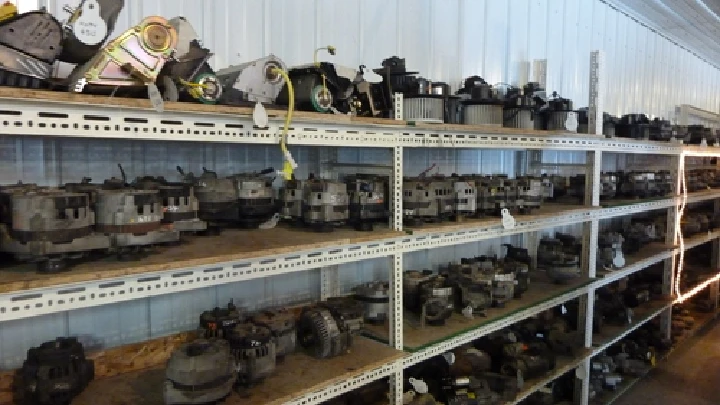 Shelves of auto parts at Cats Auto Salvage.