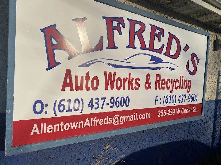 Sign for Alfred's Auto Works & Recycling in Allentown.