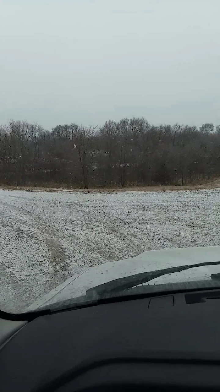 Snowy landscape viewed from a vehicle's dashboard.