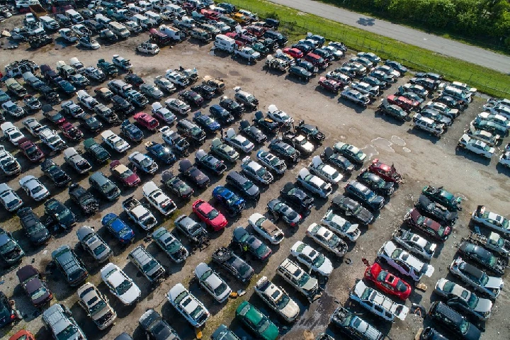 Aerial view of a large auto recycling yard.