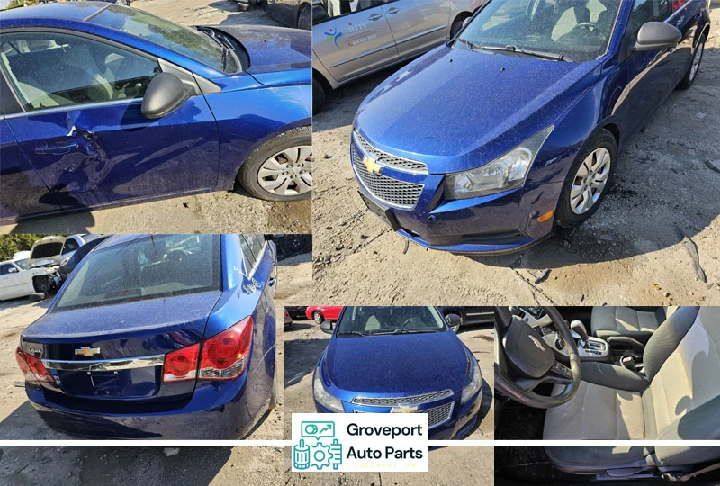 Blue Chevrolet in a junkyard, showing various angles.