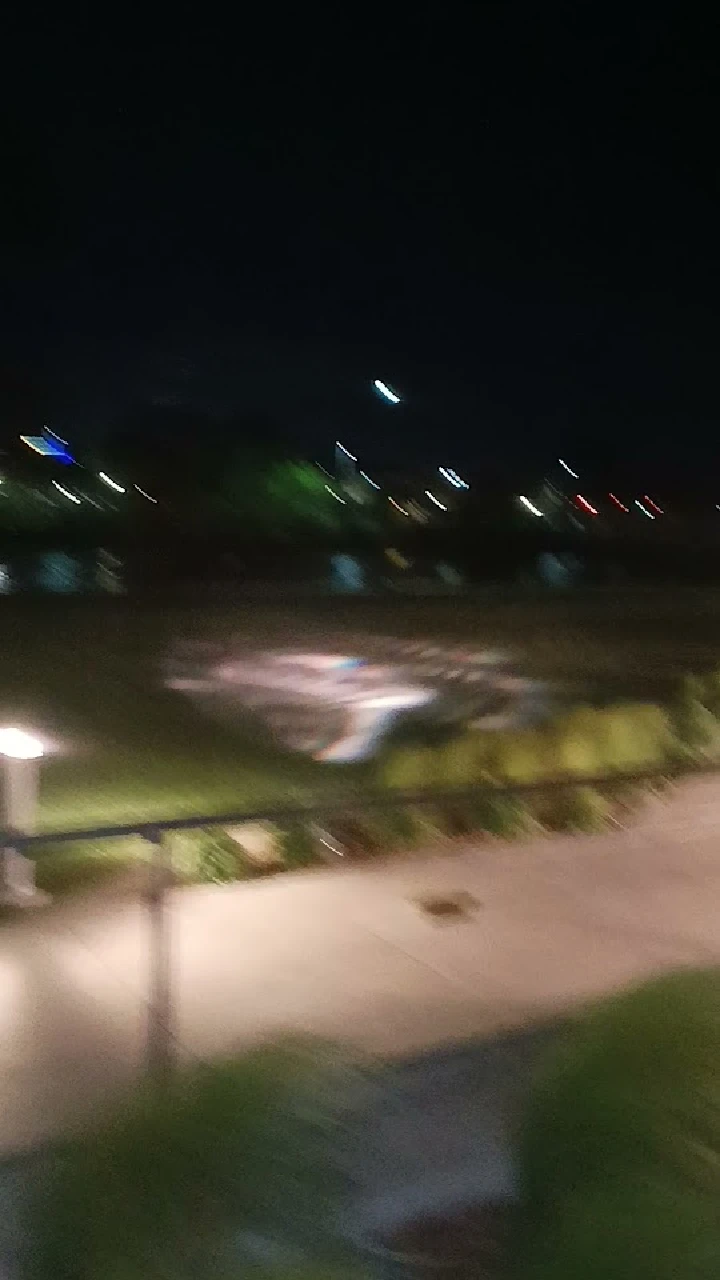 Blurry night scene with lights and green areas.