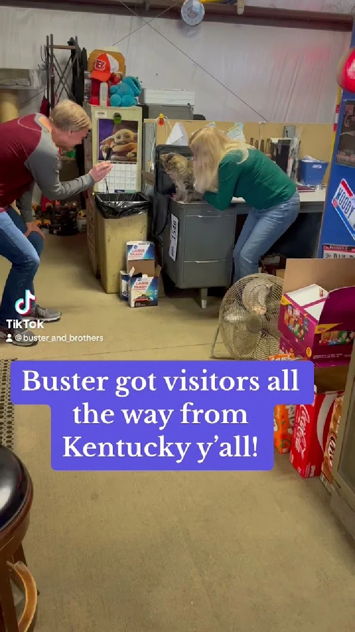 Buster welcomes visitors from Kentucky at the shop!