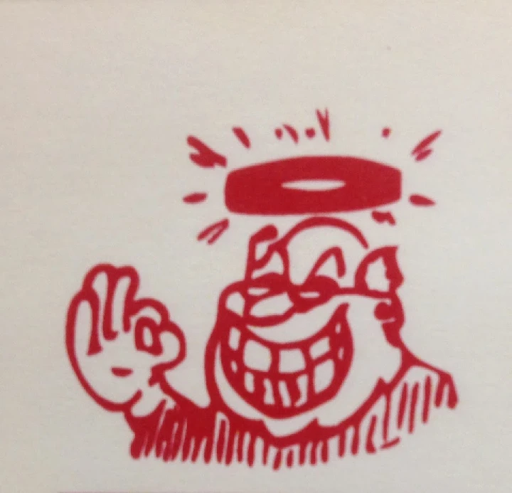 Cartoon of a smiling character with a halo.