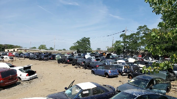 Crowded junkyard filled with old vehicles.