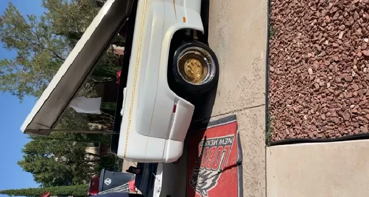 Custom white vehicle with gold rims and canopy.