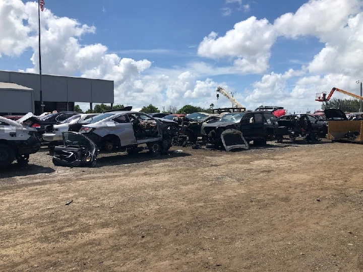 Junkyard with various disassembled cars outdoors.