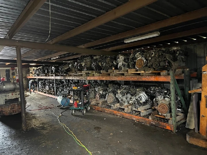 Rows of auto engines in a warehouse storage.