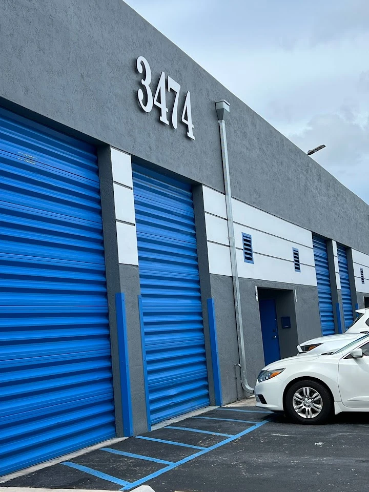 Storage facility with blue doors, number 3474.