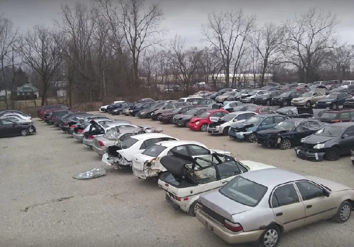 Vehicle graveyard filled with rows of cars.