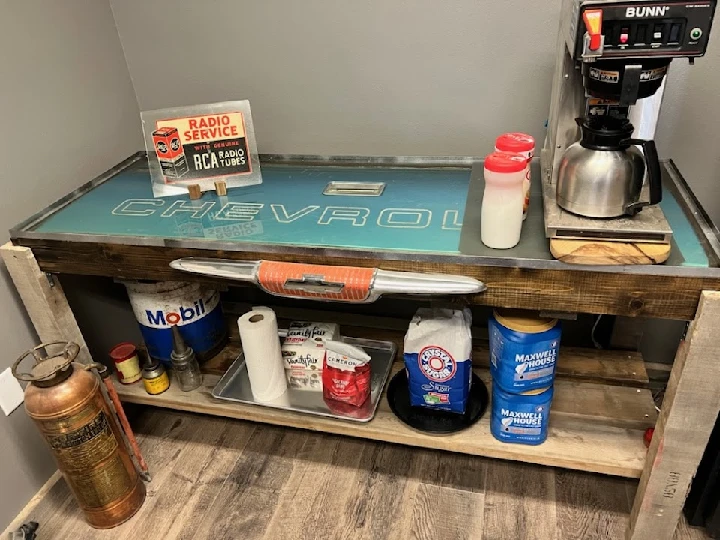 Vintage auto service station countertop setup.