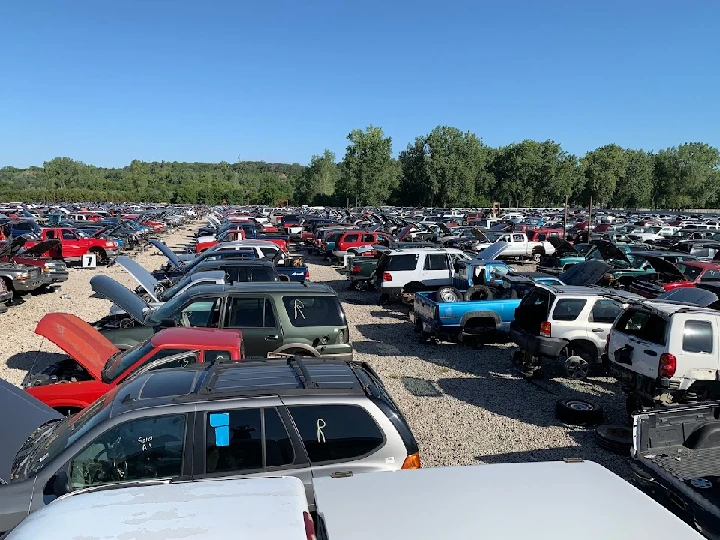 A vast junkyard filled with cars and open hoods.