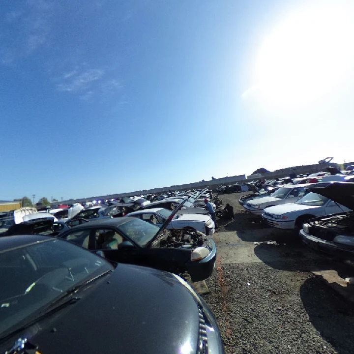 A wide view of a junkyard filled with cars.