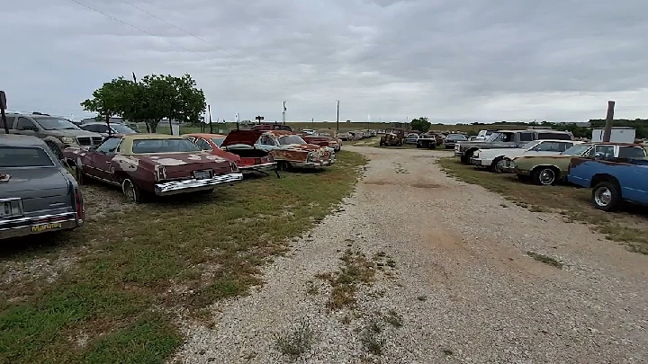 Abandoned cars lined up in a gravel lot.