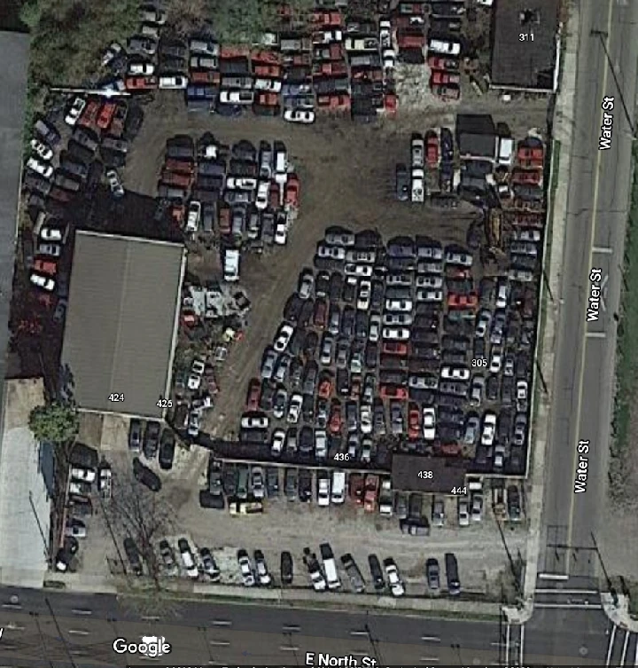 Aerial view of Ebner Sons Auto Parts yard.