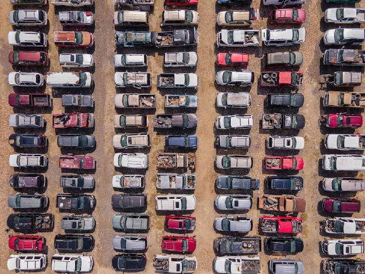 Aerial view of parked vehicles at BYOT Auto Parts.