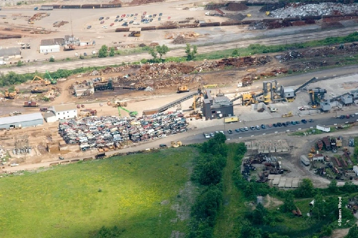 Aerial view of SA Recycling facility and vehicles.